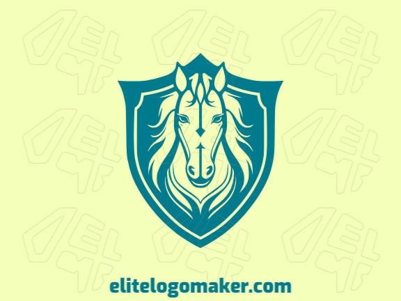 A logo is available for sale in the shape of a horse combined with a shield with an illustrative style and blue color.