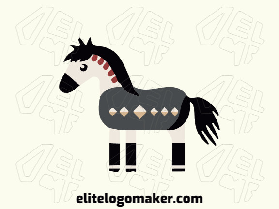 Logotipo customizável com a forma de um cavalo composto por um estilo infantil e com as cores vermelho, cinza, preto, e bege.