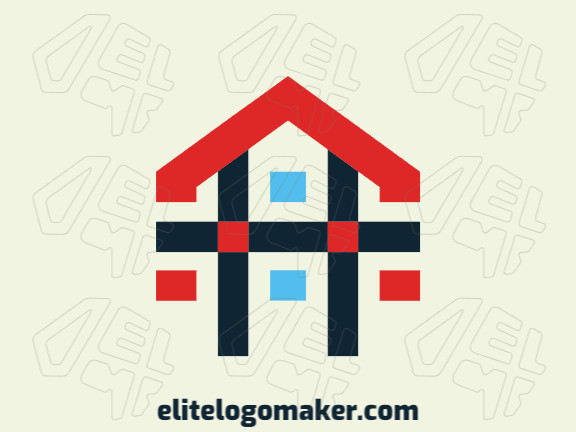 Create your own logo in the shape of a house, with a minimalist style with blue and red colors.