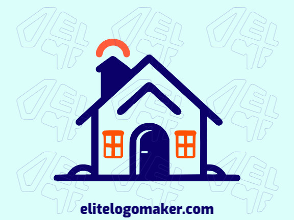 Logotipo vetorial com a forma de uma casa com design minimalista e com as cores azul e laranja.