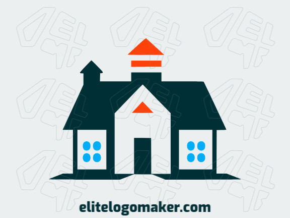 Logotipo disponível para venda com a forma de uma casa com design abstrato e com as cores azul e laranja.