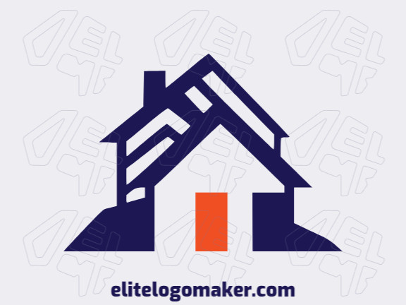 Logotipo disponível para venda com a forma de uma casa com design simples e com as cores laranja e azul escuro.