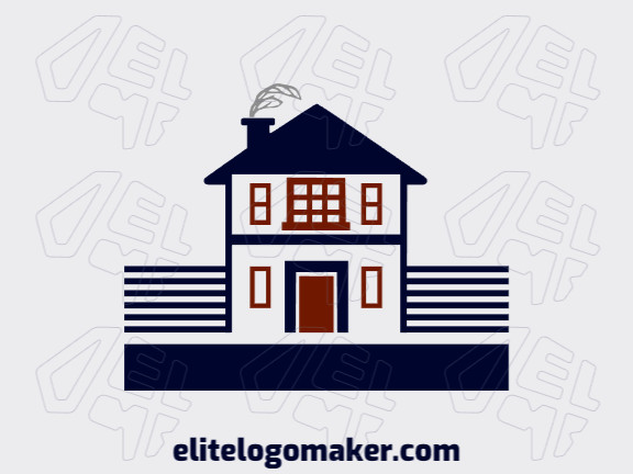 Logotipo abstrato criado com formas abstratas formando uma casa com as cores marrom, cinza, e azul escuro.