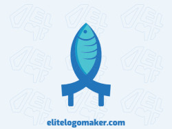 Stylized logo with the shape of a fish combined with a house with the colors dark blue and light blue.