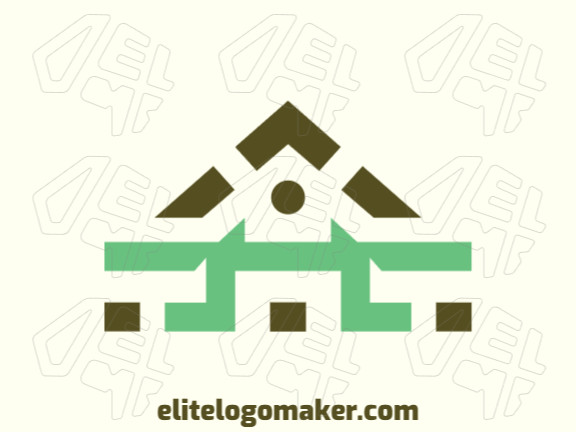 Logotipo com a forma de uma casa combinado com uma letra "H" com design abstrato, e com as cores verde e marrom.