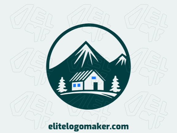 Crie um logotipo ideal para o seu negócio com a forma de uma casa combinado com uma montanha com estilo circular e cores customizáveis.