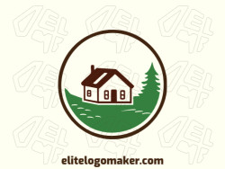 Vector logo in the shape of a house combined with a tree with simple style with green and brown colors.