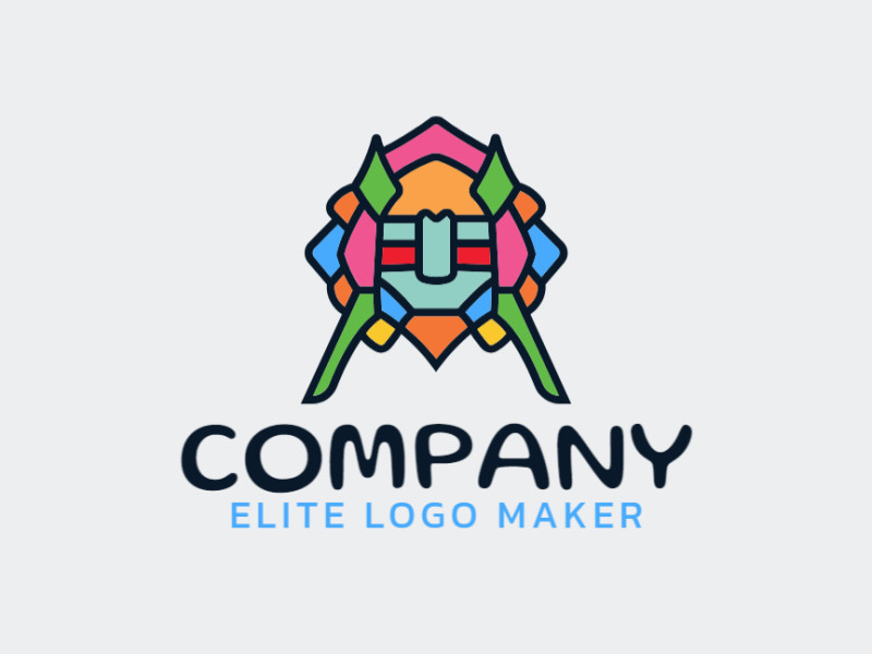 Abstract logo with solid shapes forming an human face with a refined design, with blue, orange, black, and pink colors.