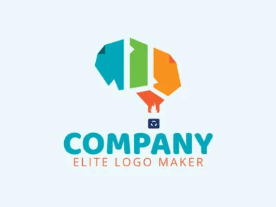 Stylized logo design in the shape of a balloon combined with a brain and papers, the colors used are orange, blue, yellow, and green.