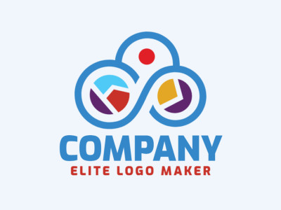 Logotipo customizável com a forma de um infinito combinado com um mapa com cores amarelo, azul, roxo, e vermelho.