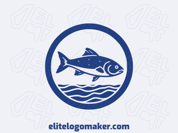 Vector logo in the shape of a jumping fish with illustrative design and dark blue color.
