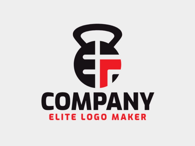 Logotipo vetorial com a forma de um kettlebell combinado com uma letra "E", com estilo simples e com as cores vermelho e preto.