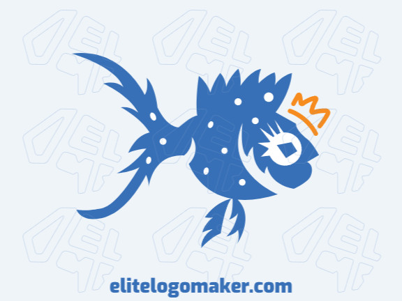 Animal logo design in the shape of a fish using a crown composed of abstracts shapes with blue and yellow colors.