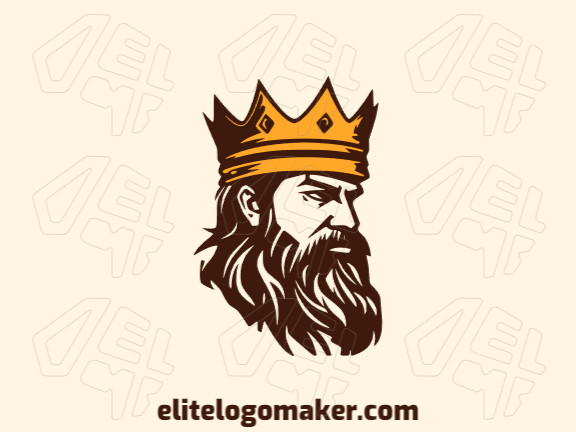 Logotipo vetorial com a forma de um rei usando uma coroa com design ilustrativo e com as cores amarelo escuro e marrom escuro.