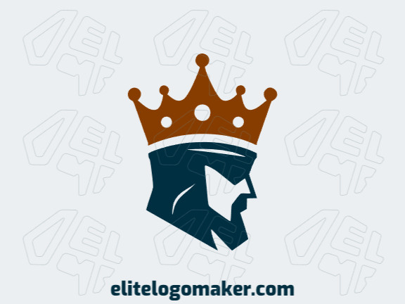 Logotipo simples com formas sólidas formando um rei usando coroa com design refinado e com as cores marrom e azul escuro.