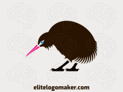 Create a logo for your company in the shape of a kiwi bird with a simple style with blue, pink, and dark brown colors.