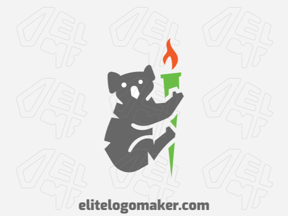 Animal logo in the shape of a koala combined with a torch, the colors used are gray, orange, and green.