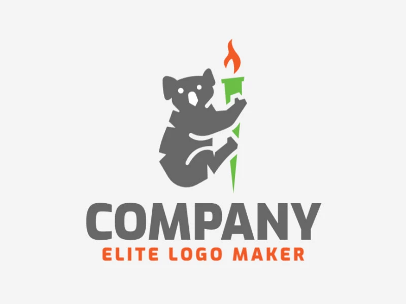 Animal logo in the shape of a koala combined with a torch, the colors used are gray, orange, and green.