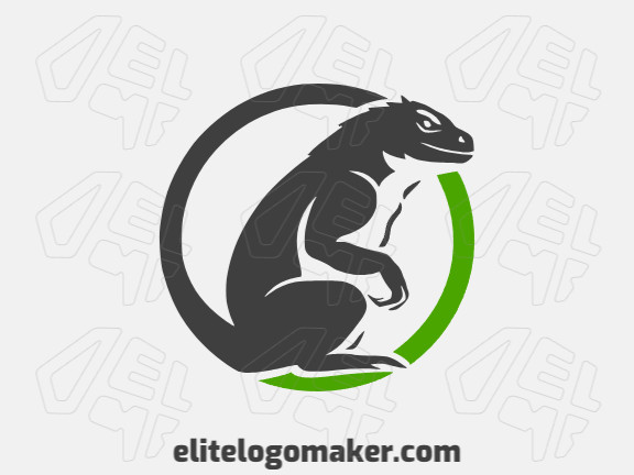 Logotipo disponível para venda com a forma de um dragão de komodo com estilo abstrato e com as cores verde e cinza.