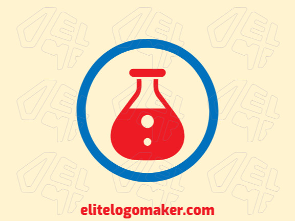 Logotipo vetorial com a forma de um frasco de laboratório com design abstrato e com as cores azul e vermelho.