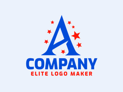 Un logotipo abstracto con la letra 'A' adornada con estrellas, combinando azul y naranja para un diseño creativo e inspirador.