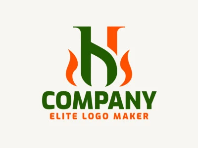 Un logotipo interesante y creativo que presenta la letra 'h' adornada con llamas, creando un diseño ilustrativo y dinámico en tonos vibrantes de verde y naranja.