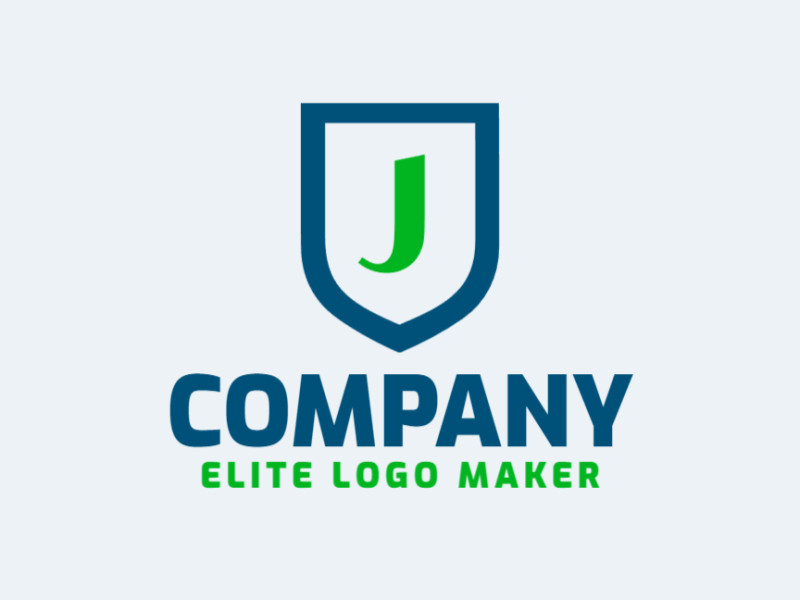 Un logotipo minimalista con la letra 'J' combinada con un escudo, acentuado en verde y azul, perfecto para una marca que busca una identidad fuerte y moderna.