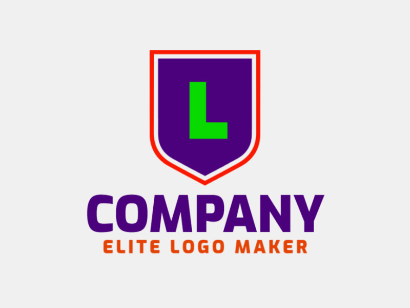 Un diseño de logotipo minimalista que presenta la letra 'L' combinada con un escudo, incorporando verde, naranja y morado vibrantes.