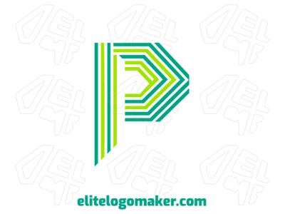 Un diseño prominente a rayas con la letra "P" compuesta por varias líneas azules y verdes, creando un impacto visual audaz y dinámico.