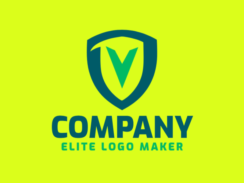 Diseño de logo con un escudo y la letra 'V' en verde y azul, ofreciendo un emblema creativo e inspirador, totalmente editable.