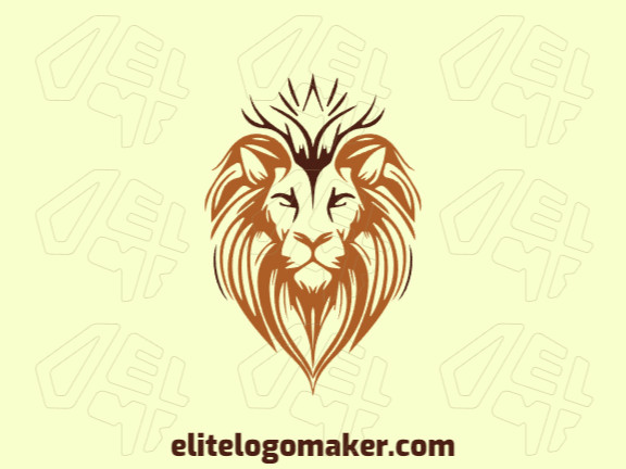 Um logotipo simétrico apresentando um leão majestoso com uma coroa, em tons quentes de marrom e amarelo, transmitindo força e realeza.