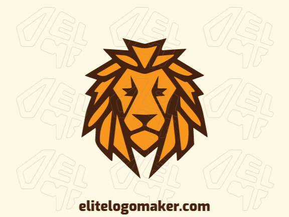 Um logo de cabeça de leão simétrico com uma combinação de marrom e amarelo. Mostrando o poder e a força do leão, mas ainda elegante e sofisticado.
