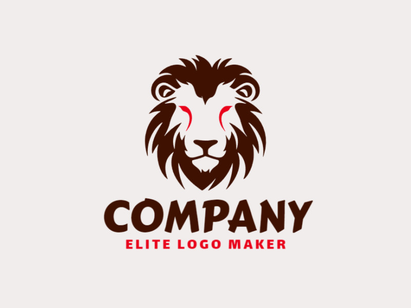 Logo available for sale in the shape of a lion head with minimalist design with red and dark brown colors.