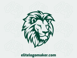 Logo available for sale in the shape of a lion head with illustrative design and dark green color.