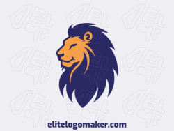 Design de logotipo mascote com formas solidas formando uma cabeça de leão, com um design criativo e com as cores laranja e azul escuro.
