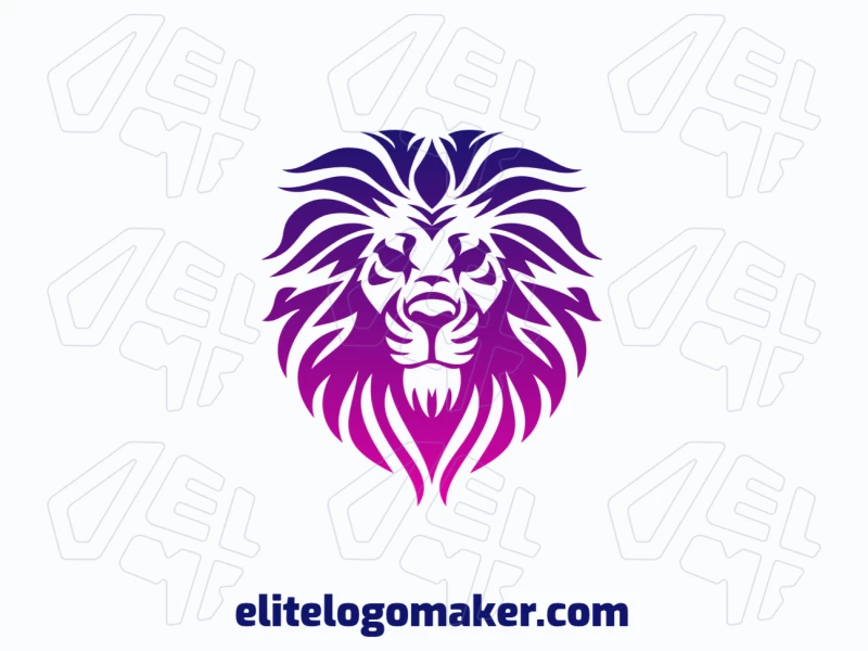 A perfect, customizable, and modern logo featuring a lion head in a mascot style, with colors in purple and pink.