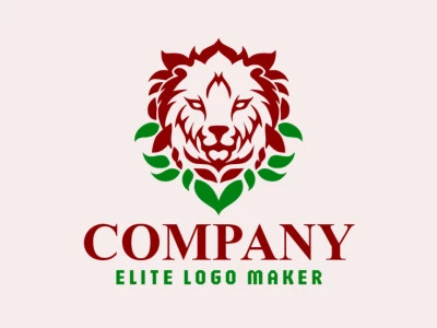 Cree un logotipo fuerte y simétrico en forma de un león con hojas, combinando tonos de verde y marrón para lograr un efecto real y terroso.