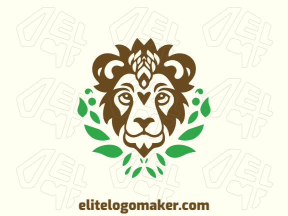 A fun and playful logo of a cute lion with bright green leaves, emphasizing the natural colors of green and brown.