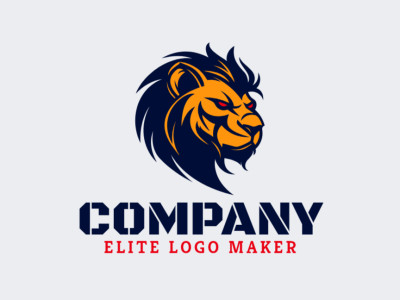 Un logo de mascota con un león en alerta, irradiando energía y fuerza con tonos vibrantes de naranja, amarillo y azul oscuro.