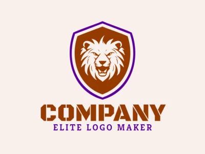 Adaptable logo in the shape of a lion combined with a shield with a mascot style, the colors used were brown and purple.