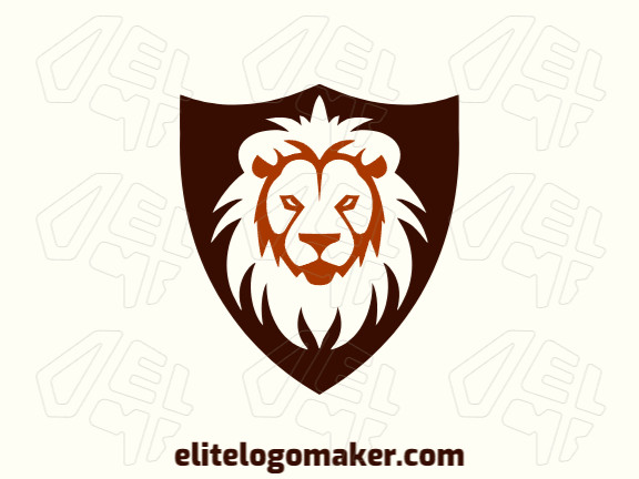 Um logotipo em estilo emblema apresentando um leão majestoso e um escudo em tons ricos de marrom e marrom escuro, simbolizando força e proteção.