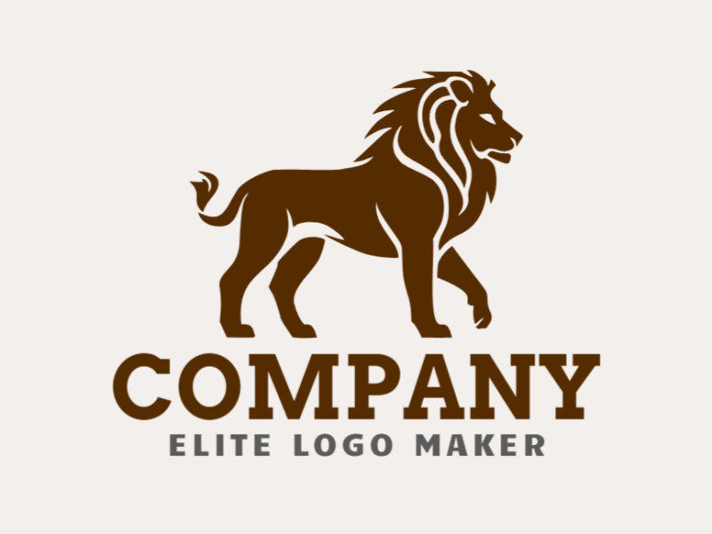 Logotipo simples composto por formas abstratas, formando um leão andando com a cor marrom escuro.