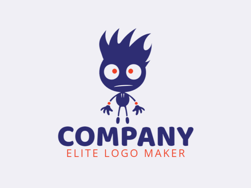 Logotipo disponível para venda com a forma de um monstrinho com design infantil e com as cores azul e laranja.