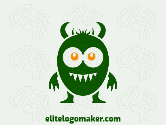 Logotipo disponível para venda com a forma de um monstrinho com estilo infantil, com as cores verde e laranja.