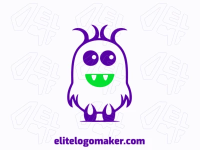 Logotipo personalizable en forma de un pequeño monstruo compuesto por un estilo infantil y colores verde y violeta.