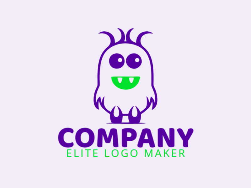 Logotipo customizável com a forma de um monstrinho composto por um estilo infantil e com as cores verde e roxo.