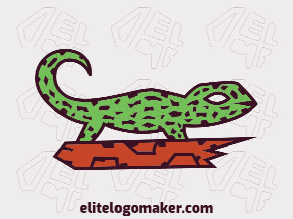 Animal logo design in the shape of a lizard composed of a mosaic with green, brown and orange colors.