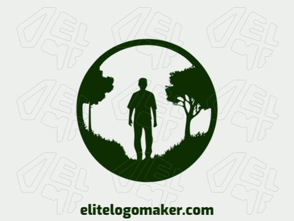 Um logotipo circular que apresenta um homem na floresta, banhado em um verde escuro sereno, encapsulando a harmonia da natureza.