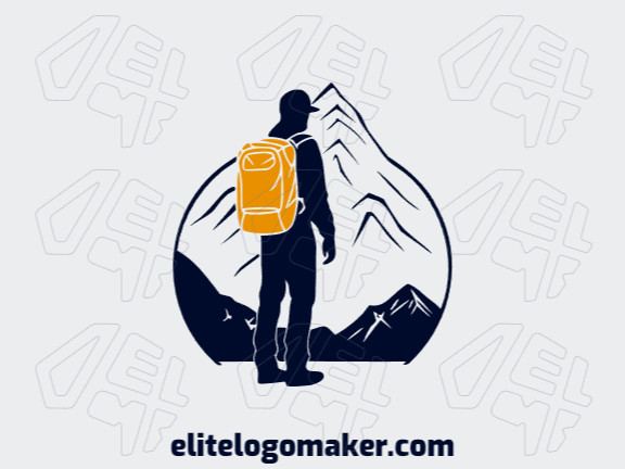 Um logotipo minimalista com um homem solitário em uma montanha, capturando a essência da aventura em laranja e azul escuro.