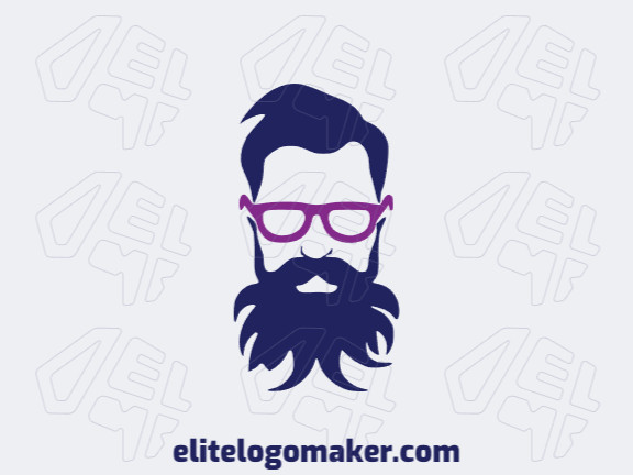 Logotipo vetorial com a forma de um homen de óculos com estilo abstrato e com as cores roxo e azul escuro.